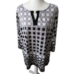 Susan Graver Liquid Knit Size 2X 3/4 Sleeve Tunic Blouse Black Tan White Geo
